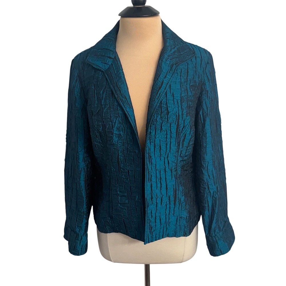 Chico's Women's Metallic Dark Teal Crinkle Blazer Jacket